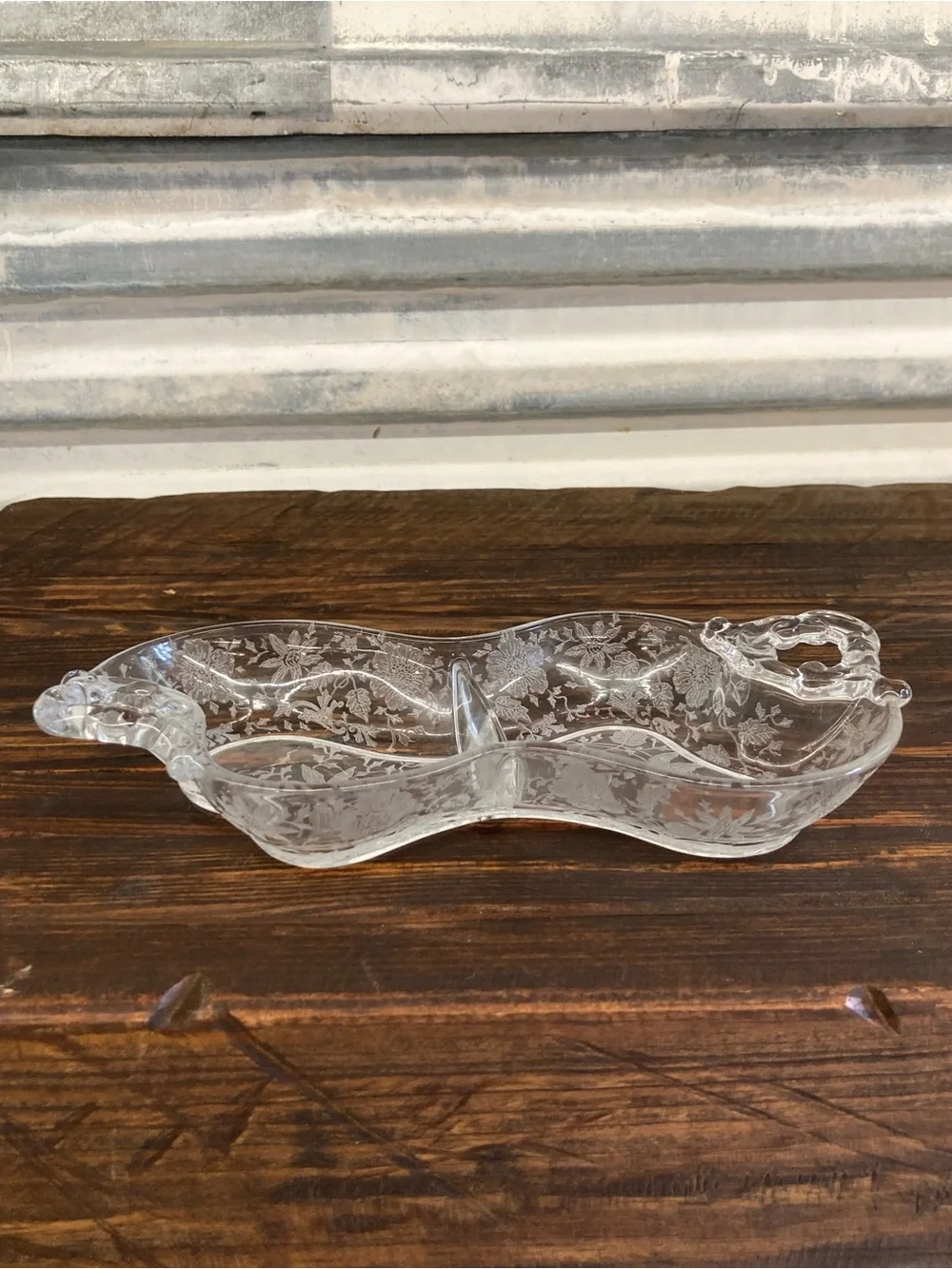 Clear Glass Wildflower Etched Glass Relish Dish Cottage Core 2 Section